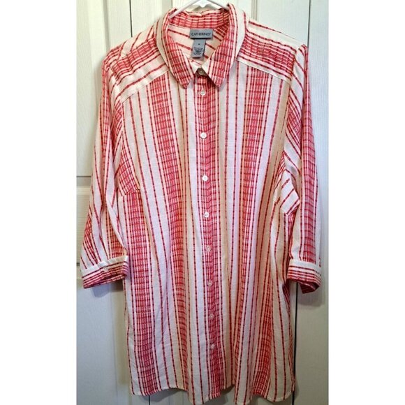 Catherines Women's 1X Red White Striped 3/4 Sleeve Collared Blouse New w/Tags - Picture 1 of 9